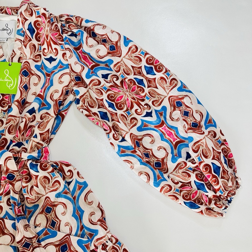 NWT Sam Edelman Women's Size 2 Long Sleeve Tie Waist Boho Mini Dress Multicolor - Picture 7 of 12